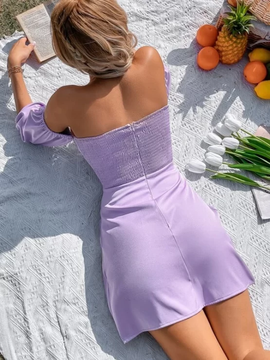 Ruched Cut Out Shirred Waist Off Shoulder Puff Sleeve Dress - Image 2
