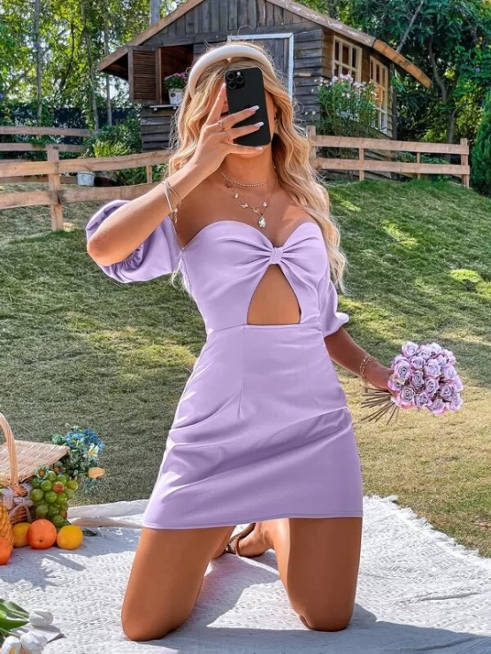 Ruched Cut Out Shirred Waist Off Shoulder Puff Sleeve Dress - Image 3