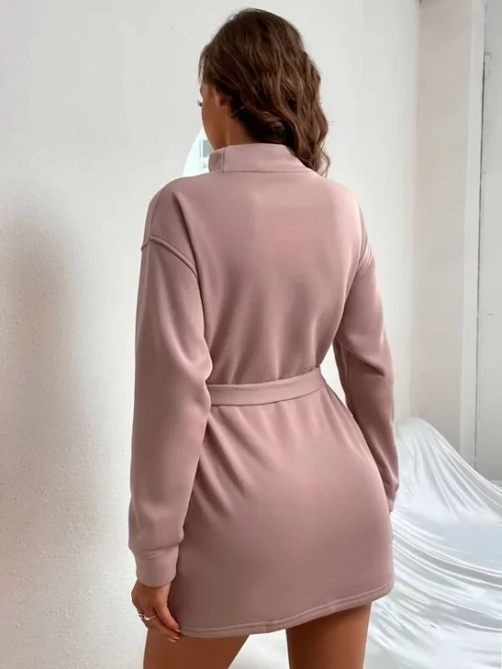 Slogan Embroidery Mock Neck Drop Shoulder Belted Sweater Dress - Image 3