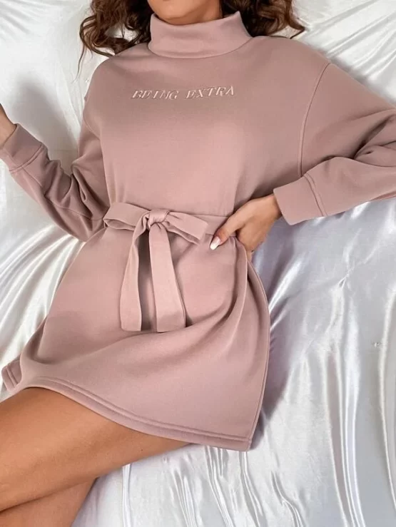 Slogan Embroidery Mock Neck Drop Shoulder Belted Sweater Dress - Image 2
