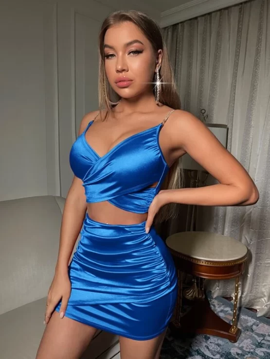 Rhinestone Strap Crossover Satin Cami Top & Bodycon Skirt - Image 2