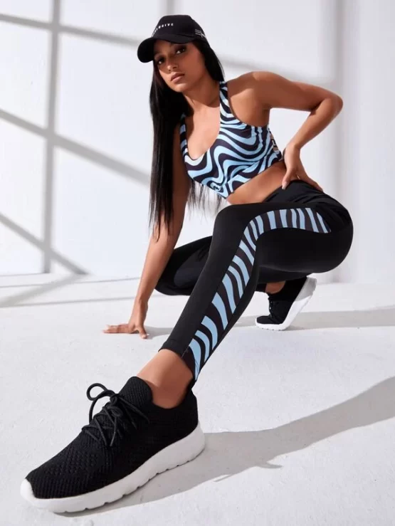 Zebra Stripe & Slogan Graphic Tape Criss Cross Sports Top & Leggings - Image 2