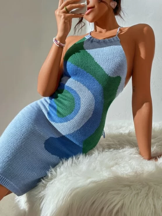 Graphic Print Lace Up Backless Halter Sweater Dress - Image 3