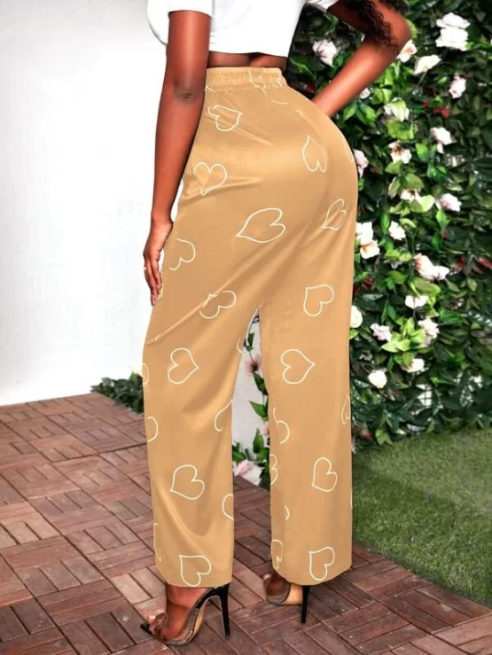 Elastic High Waist Casual Heart Print Pants - Image 3