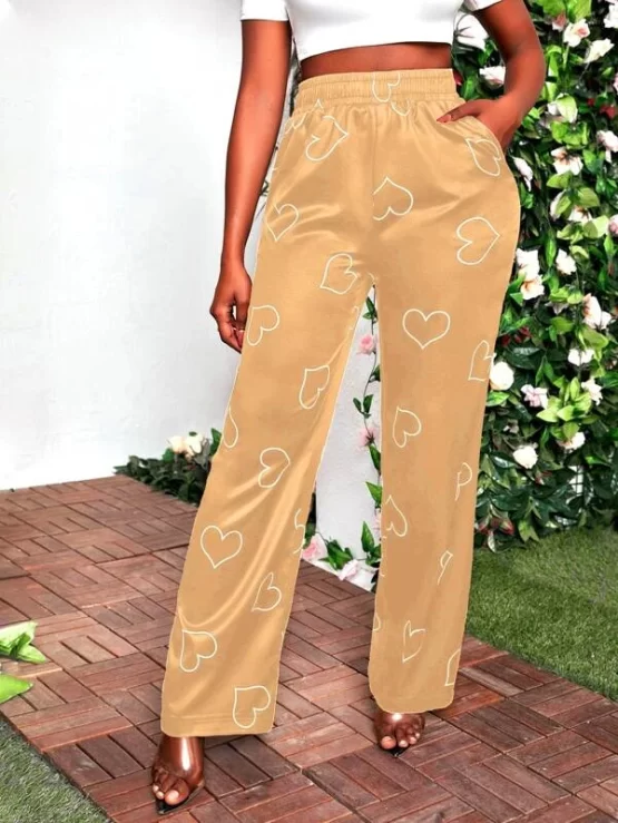 Elastic High Waist Casual Heart Print Pants - Image 2