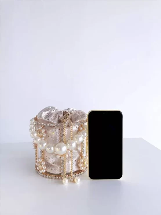 Faux Pearl & Rhinestone Decor Bucket Bag With Inner Pouch - Image 5