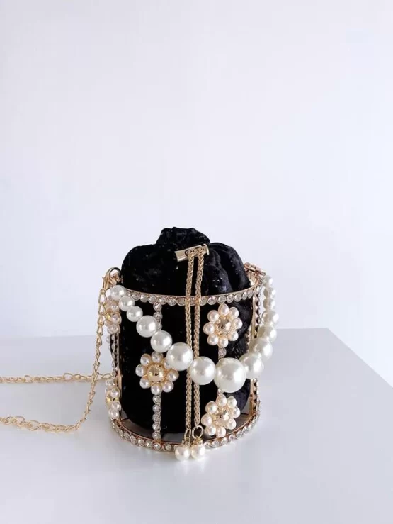Faux Pearl & Rhinestone Decor Bucket Bag With Inner Pouch - Image 3