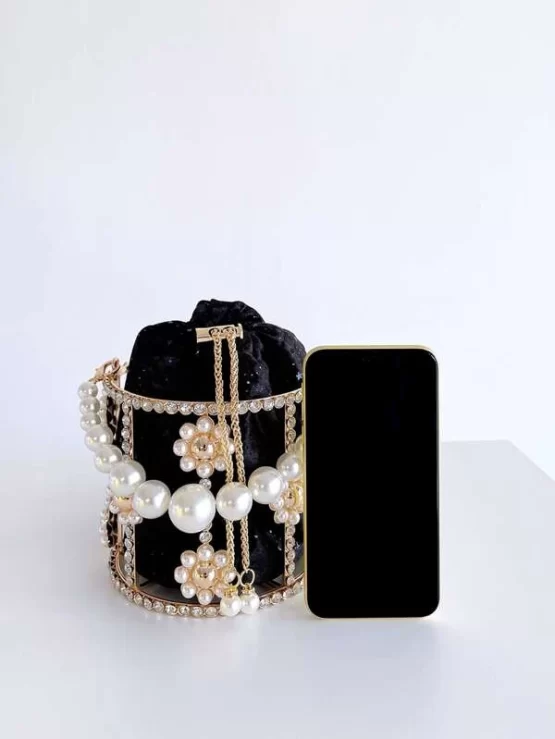 Faux Pearl & Rhinestone Decor Bucket Bag With Inner Pouch - Image 2