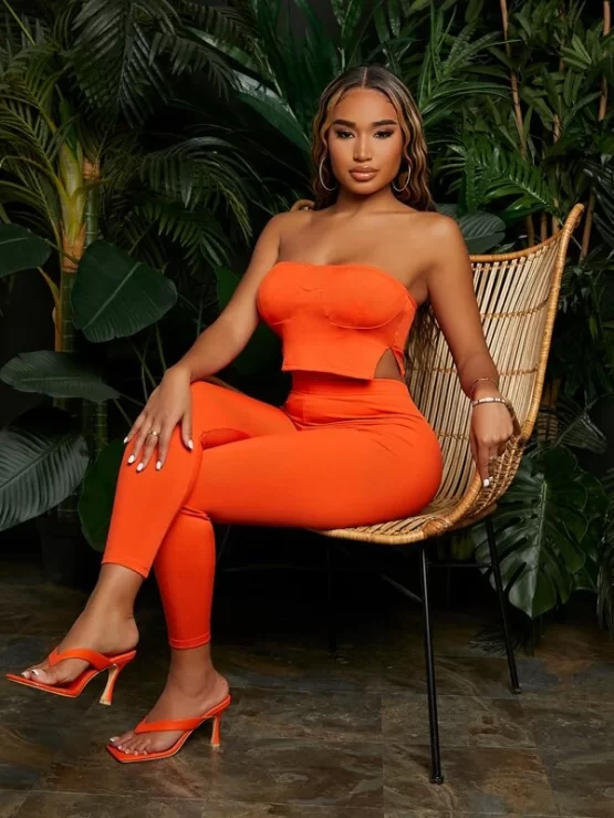 Solid Split Hem Tube Top & High Waist Leggings - Image 3