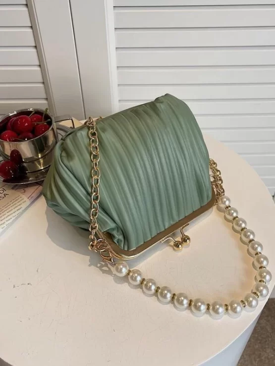 Faux Pearl Decor Kiss Lock Ruched Bag - Image 5