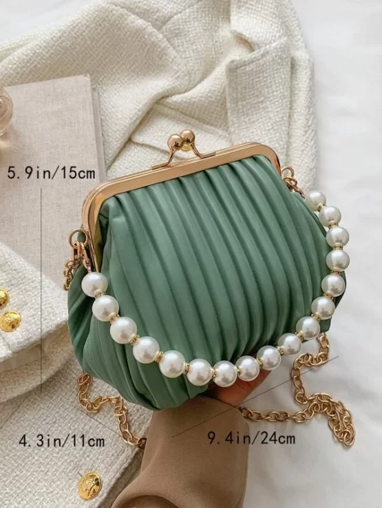 Faux Pearl Decor Kiss Lock Ruched Bag - Image 6