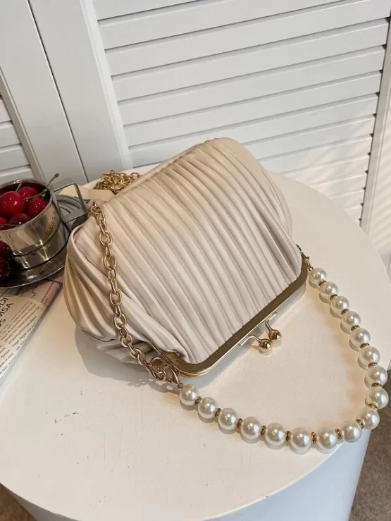Faux Pearl Decor Kiss Lock Ruched Bag - Image 2