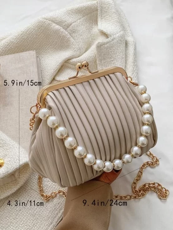 Faux Pearl Decor Kiss Lock Ruched Bag - Image 3