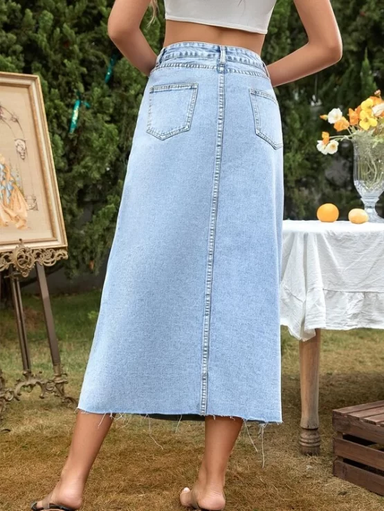 High Waist Raw Hem Button Denim Skirt - Image 2