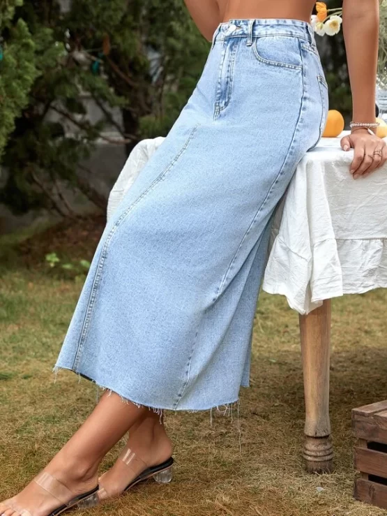 High Waist Raw Hem Button Denim Skirt - Image 3
