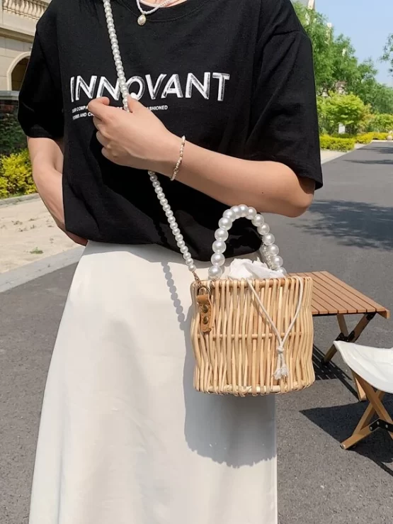 Faux Pearl Plain Drawstring Decor Bucket Bag - Image 2