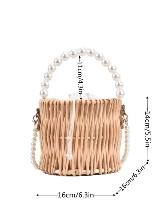 Faux Pearl Plain Drawstring Decor Bucket Bag - Image 3
