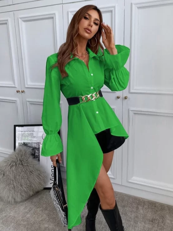 Solid High Low Flounce Sleeve Blouse Without Belt - Image 9