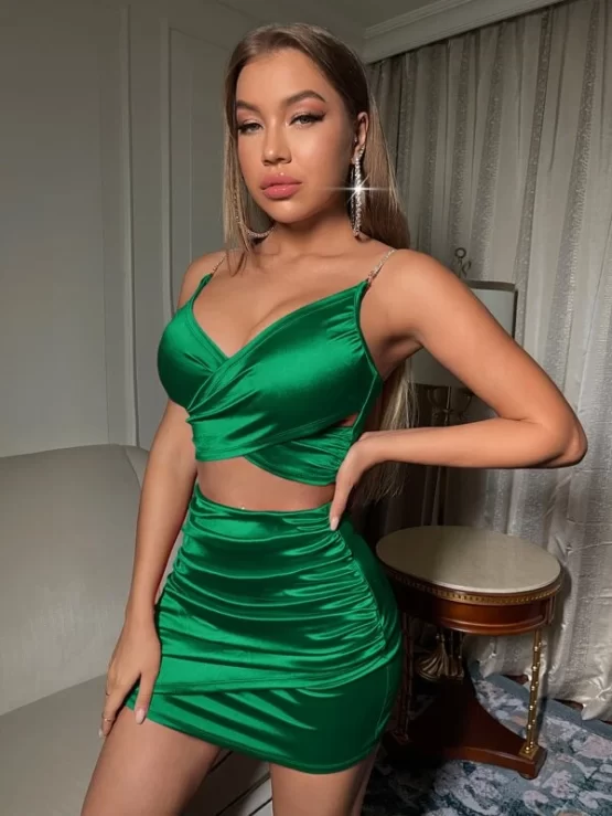 Rhinestone Strap Crossover Satin Cami Top & Bodycon Skirt - Image 9