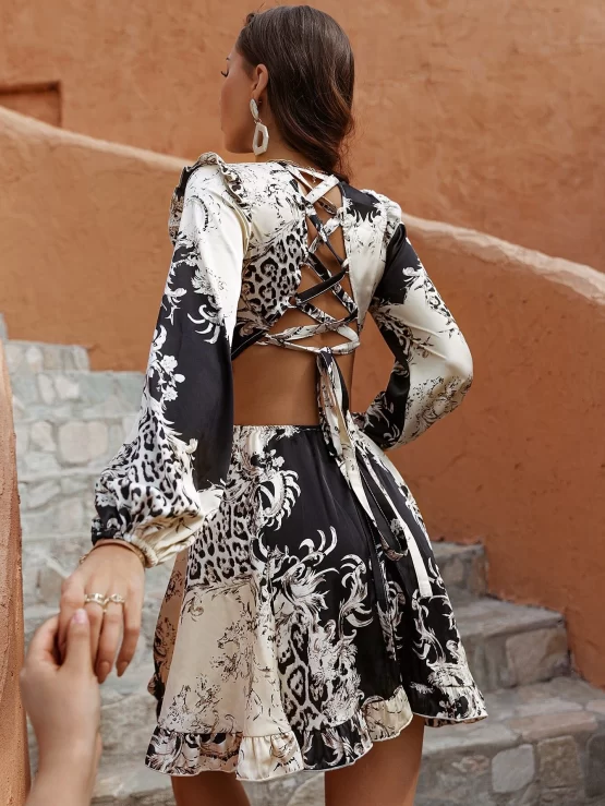 Glamaker Lace Up Backless Plunging Neck Baroque & Leopard Dress - Image 2