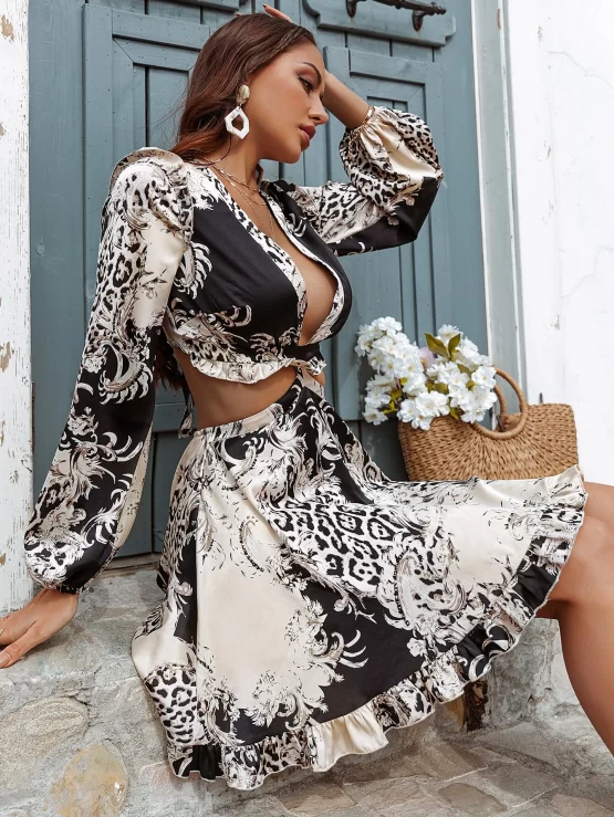 Glamaker Lace Up Backless Plunging Neck Baroque & Leopard Dress - Image 3