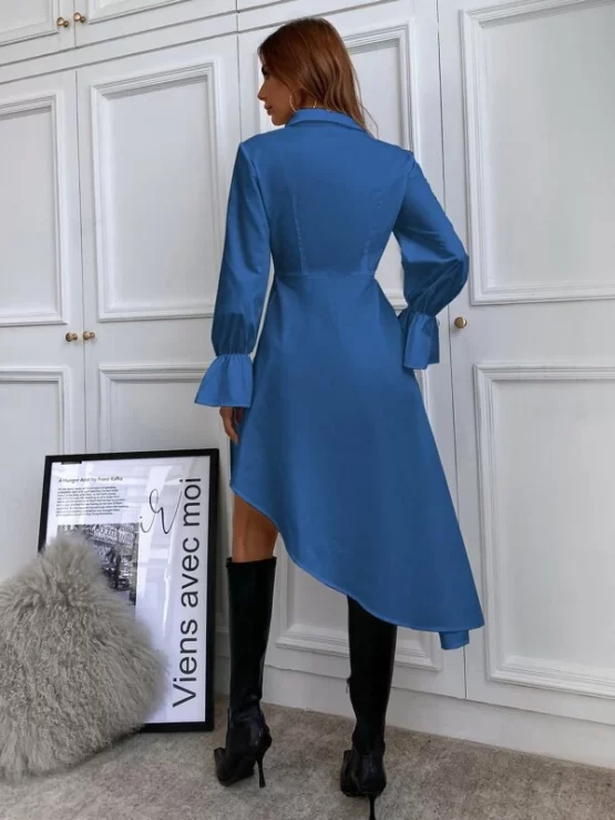 Solid High Low Flounce Sleeve Blouse Without Belt - Image 5