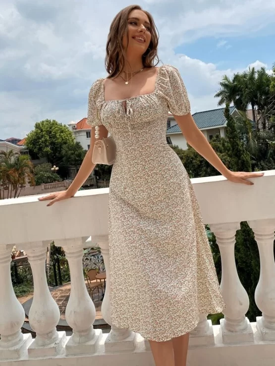 Ditsy Floral Ruched Bust Tie Front Puff Sleeve Dress - Image 4