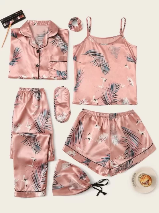 7pcs Crane & Tropical Print Satin Pajama Set - Image 4