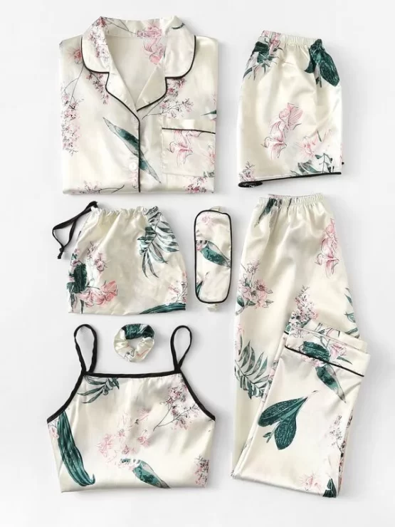 Seven pieces Floral Print Satin Pajama Set