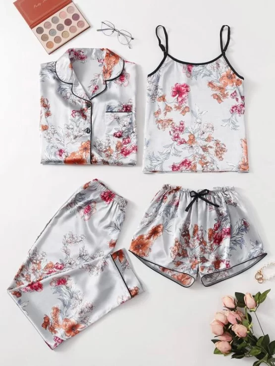 Four pieces Floral Print Satin Pijama Set - Image 7