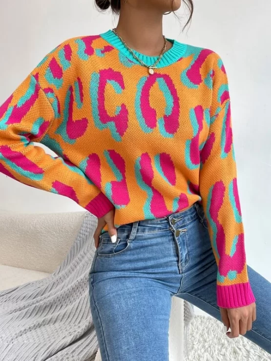 Graphic Pattern Contrast Trim Drop Shoulder Sweater - Image 4