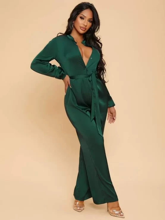 Lantern Sleeve Wide Belted Shirt Leg Jumpsuit - Image 4