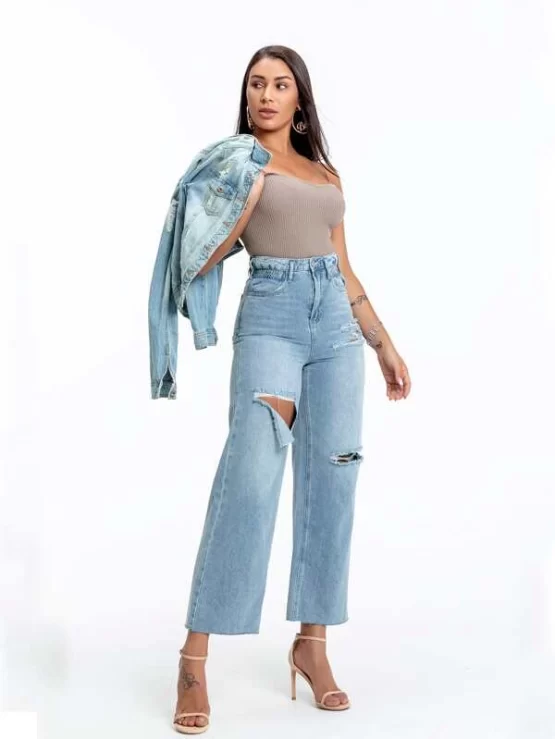 High Waisted Ripped Detail Palazzo Jeans - Image 4