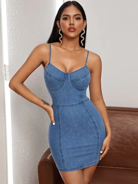 Light Wash Denim Bustier Cami Bodycon Dress - Image 4