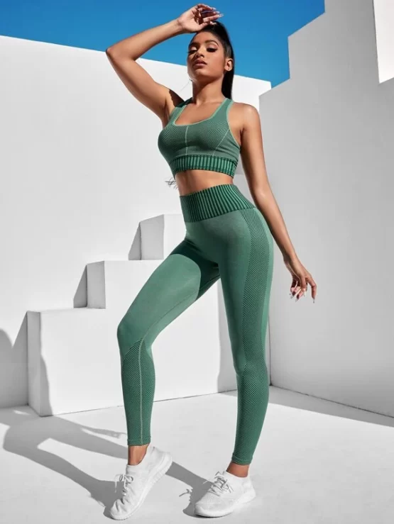 Seamless Striped Panel Wide Waistband Sports Set