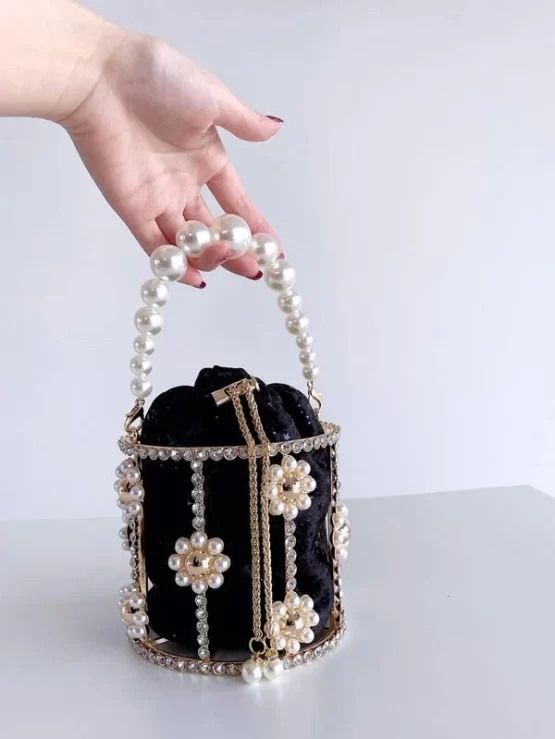 Faux Pearl & Rhinestone Decor Bucket Bag With Inner Pouch