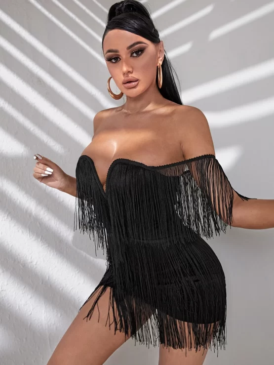 Off Shoulder Fringe Trim Bodycon Dress - Image 4