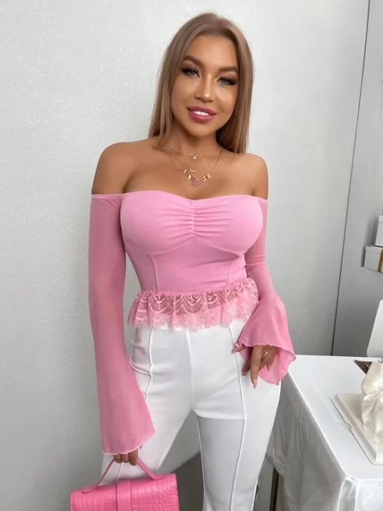 Off Shoulder Lace Ruffle Hem Mesh Trumpet Sleeve Top - Image 4