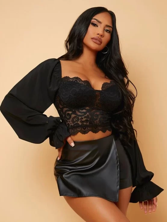 Flounce Sexy Sleeve Crop Lace Panel Top - Image 4