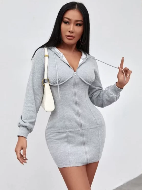 Zip Up Bustier Drawstring Hoodie Dress
