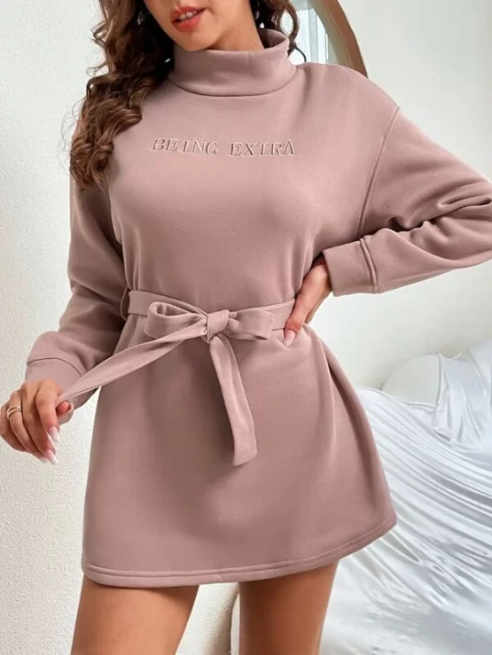 Slogan Embroidery Mock Neck Drop Shoulder Belted Sweater Dress
