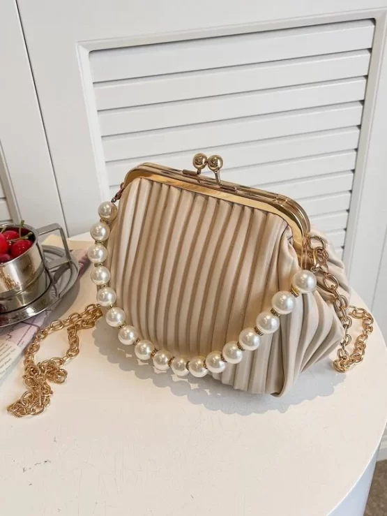 Faux Pearl Decor Kiss Lock Ruched Bag - Image 4