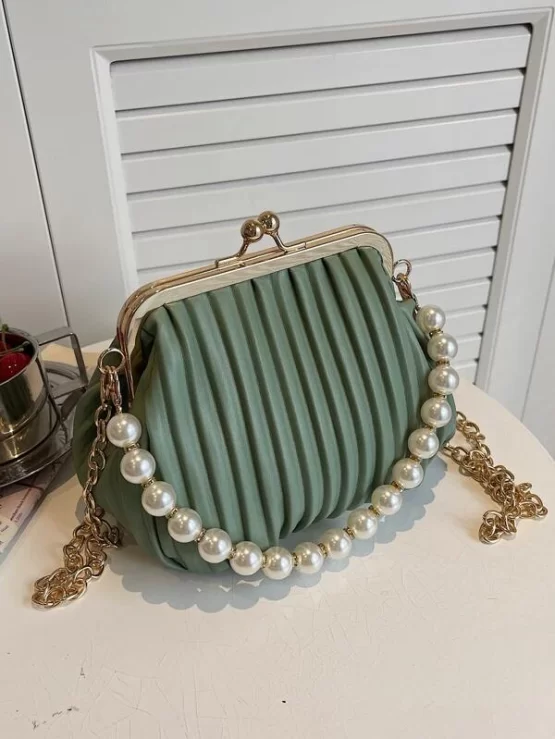 Faux Pearl Decor Kiss Lock Ruched Bag - Image 7