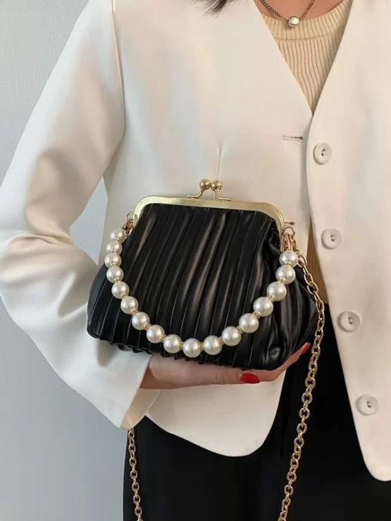 Faux Pearl Decor Kiss Lock Ruched Bag - Image 10
