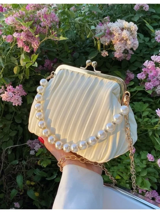 Faux Pearl Decor Kiss Lock Ruched Bag - Image 13