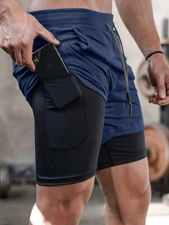 Men 2 In 1 Drawstring Waist Sports Shorts With Phone Pocket - Image 4