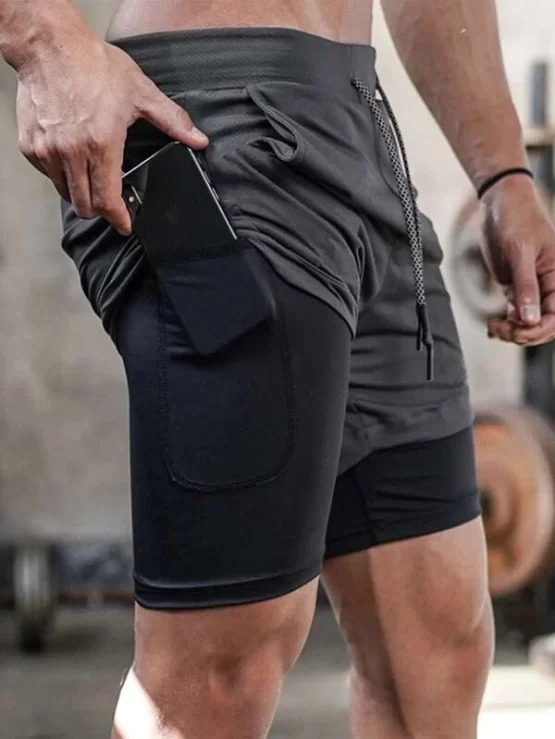 Men 2 In 1 Drawstring Waist Sports Shorts With Phone Pocket - Image 10