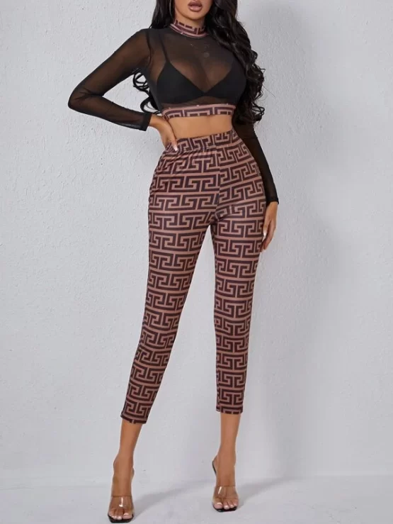Greek Fret Print Mesh Insert Mock Neck Crop Top & Leggings Without Bra