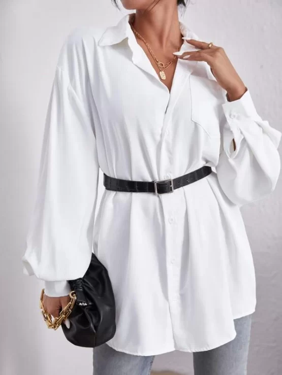 Patch Pocket Bishop Sleeve Drop Shoulder Blouse Without Belt - Image 4
