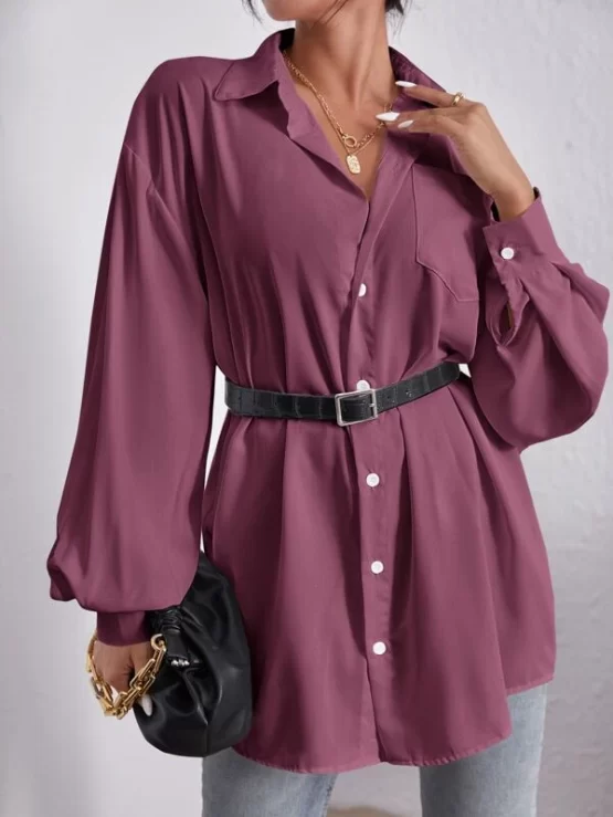 Patch Pocket Bishop Sleeve Drop Shoulder Blouse Without Belt - Image 7